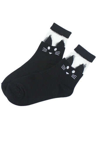 Mesh Ankle Cotton Blend Cat Print Crew Socks