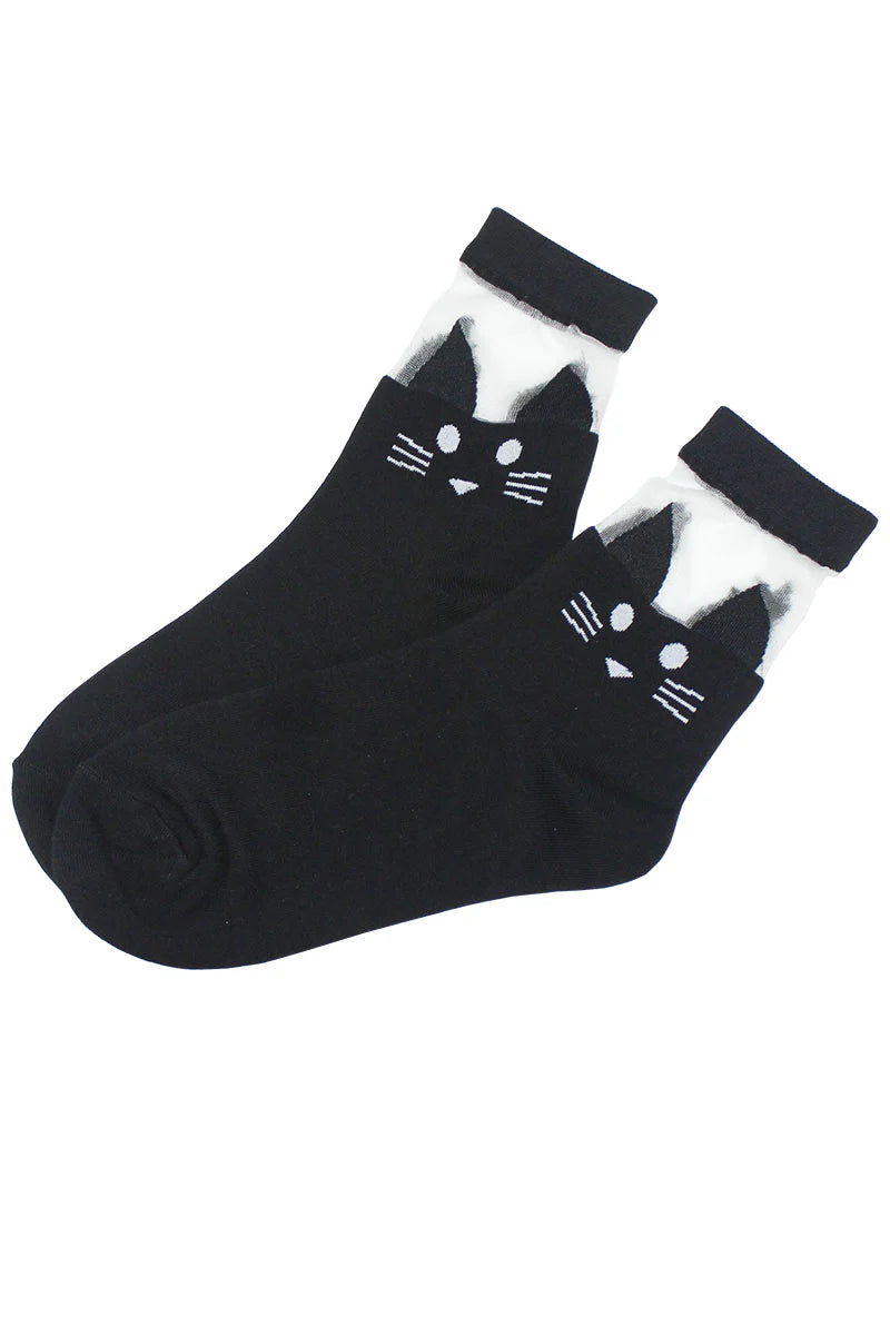 Mesh Ankle Cotton Blend Cat Print Crew Socks