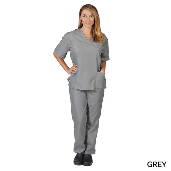 Grey- Natural Uniforms Unisex Solid V-Neck Scrub Set