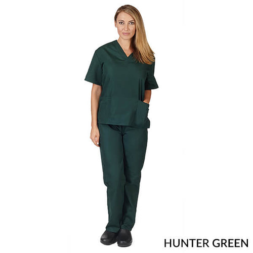 Hunter Green- Natural Uniforms Unisex Solid V-Neck Scrub Set