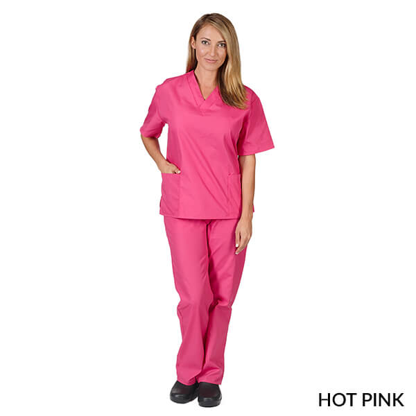 Hot Pink- Natural Uniforms Unisex Solid V-Neck Scrub Set