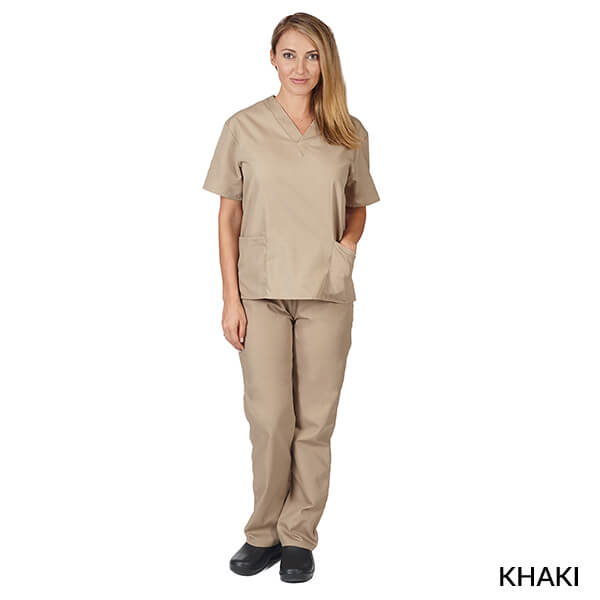 Khaki- Natural Uniforms Unisex Solid V-Neck Scrub Set