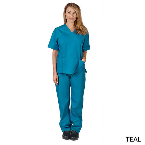 Teal- Natural Uniforms Unisex Solid V-Neck Scrub Set